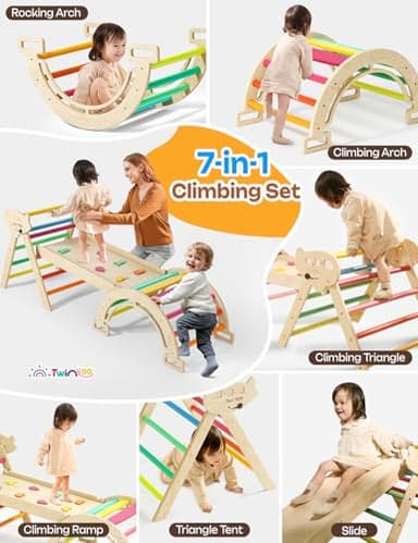 Twinkoo 7 in 1 Pikler Triangle Set, Foldable Toddler Baby Climbing Toys, Solid Wooden Montessori Climbing Set, Baby Climber Indoor Playground Jungle Gym for Toddlers Montessori Toys - Image 9