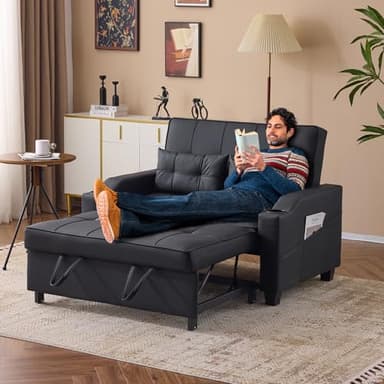 VINGLI Convertible Loveseat Sleeper, Black Faux Leather Futon Sofa Bed Pullout Couch Bed with USB Ports, Cup Holders, Armrest for Living Room, Bedroom, Home Office Apartment - Image 2