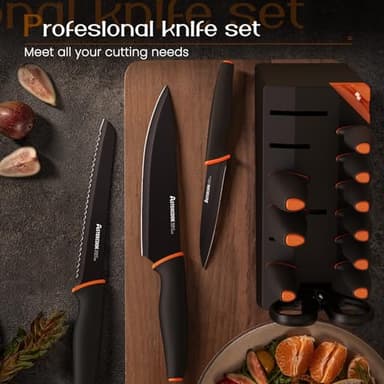 Knife Set, Astercook 15 Pcs Dishwasher Safe Kitchen Knife Set with Built-in Sharpener, High Carbon German Stainless Steel Black Knife Block Set - Image 6