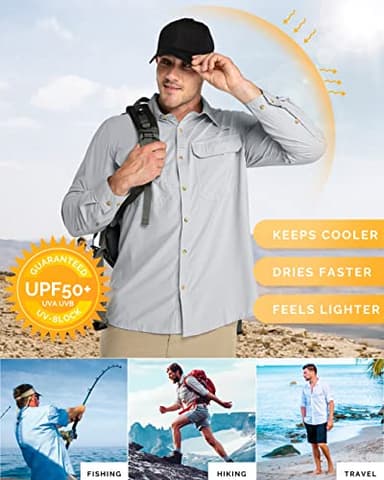 33,000ft Men's Long Sleeve Sun Protection Shirt UPF 50+ UV Quick Dry Cooling Fishing Shirts for Travel Safari Camping Hiking Silver Grey - Image 4