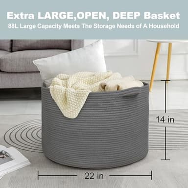 MEGASKET Large Dark Grey Storage Basket, Woven Cotton Rope Baskets for Storage, Big Blanket Organizer Storage Basket for Living Room, Kids Room Toy Storage Organizer Box, Blanket Keeper (22"x14") - Image 3
