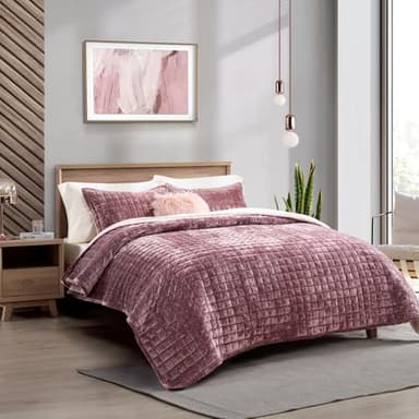 RECYCO Luxury Velvet Quilt Set Full Queen Size, Lightweight Velvet Comforter Set, Oversized Bedspread Coverlet Quilted Bedding Set, with 2 Matching Pillow Shams, for All Season, Dusty Mauve Pink - Image 2