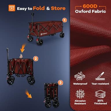 48" L Collapsible Wagon Cart Foldable, 560lbs Weight Capacity 300L Heavy Duty Folding Beach Wagons with Big All-Terrain Wheels, Utility Carts for Groceries, Shopping, Camping, Sports - Red - Image 9