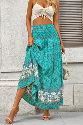 CFLONGE Summer Maxi Skirts for Women 2025 Fashion Boho Long Skirt Trendy Floral High Waist A Line Beach Skirt Vacation Outfit(Floral Green Yellow,Medium) - Image 4