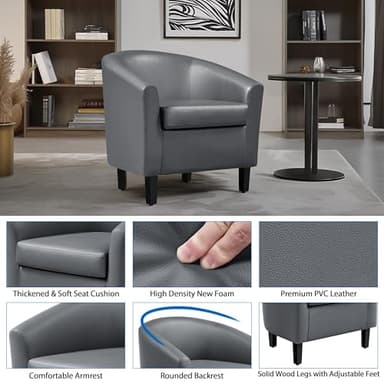 Yaheetech Barrel Chairs, Faux Leather Chairs, Modern Leather Club Chairs Comfy Gray Accent Chairs with Sturdy Wood Legs for Living Room/Bedroom/Reading Room/Waiting Room, Gray, Set of 2 - Image 5