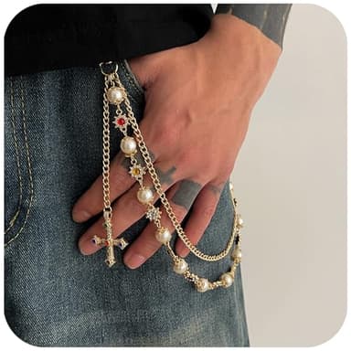 Fashion Layered Pants Wallet Chains - Exquisite Gold Silver Rhinestone Flower Pearl Jean Pocket Chain for Women Men Cute Bag Purse Charms Jewelry (link gold) - Image 3
