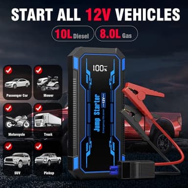 Car Jump Starter 6000A Car Battery Jump Starter Portable,12V Battery Jumper Starter Portable(10.0L Gas/8.0L Diesel),LCD Display Jump Box Jump Starter Battery Pack with Jumper Cable & Flashlight-Blue - Image 3