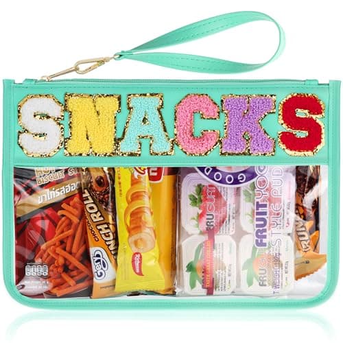 Snack Bag for Travel - Clear Chenille Varsity Letter Flat Pouch with Zipper, Waterproof Clear PVC&PU Preppy Patch Makeup Cosmetic tote Bags for Women (Green-Snacks) - Image 1
