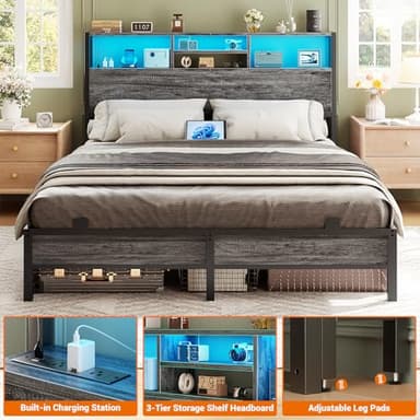 Aheaplus Headboard for Full Size Bed with Storage, Headboards with Outlets, USB Ports and LED Light, Full Size Head Board Only, Height Adjustable, Reversible, Sturdy and Stable Headboard, Black Oak - Image 4