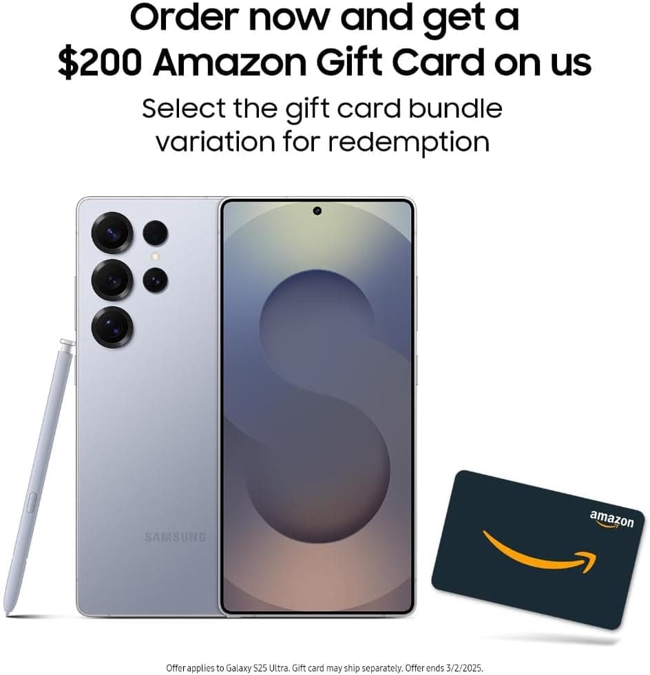 SAMSUNG Galaxy S25 Ultra Cell Phone + $200 Amazon Gift Card, 512GB, AI Smartphone, Unlocked Android, 200MP AI Camera, S Pen, Fast Processor, Long Battery Life, 2025, Titanium Silverblue