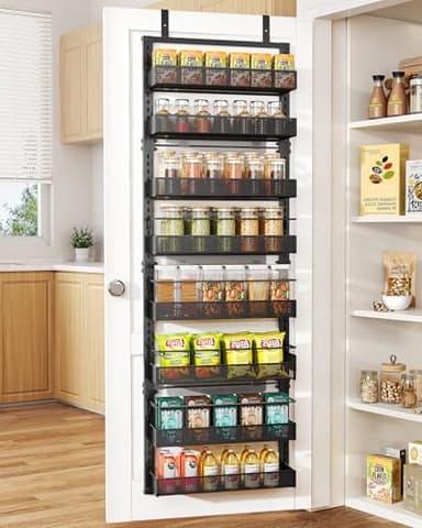 Over the Door Pantry Organizer - 8 Tier Adjustable Pantry Door Spice Organizer, Large Capacity Hanging Door Spice Rack for Kitchen Pantry Organizers and Storage (Black, 17"W x 6"D x 69"H) - Image 1