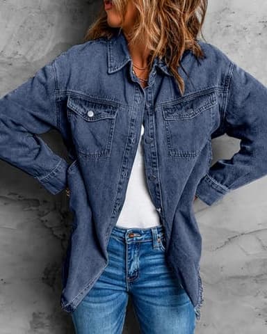 Vetinee Jean Jacket Women Oversized Boyfriend Bay Blue Front Button Up Frayed Raw Hem Long Sleeve Pockets Denim Jean Jacket Shacket X-Large Size 16 Size 18 - Image 5