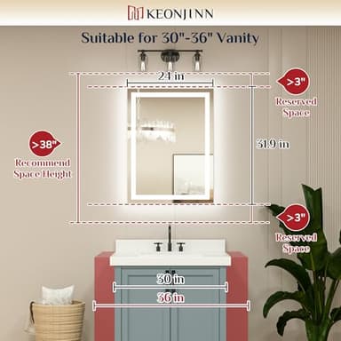 Keonjinn 24x32 Inch LED Bathroom Mirror with Light, Frontlit & Backlit, Lighted Mirrors for Bathroom Wall with Dimmable 3-Color Lights, Anti-fog Vanity Mirror with Tempered Glass, UL-Listed LED Driver - Image 3