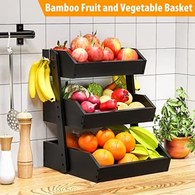 Gmtsl Bamboo Fruit Basket for Kitchen – 3 Tier Fruit Bowl For Kitchen Counter, Large Fruit Holder With 2 Banana Hangers, Idea For Fruit and Vegetable Storage, Bread Basket, Snack Organizer(BLACK) - Image 5
