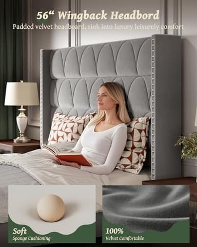 OHOHOLIVE King Size Bed Frame with 56" Headboard - 1000LBS Capacity Support, Velvet Upholstered Wingback Platform Bed Frame, Noise Free, Sturdy Wooden Slat Support - Image 5