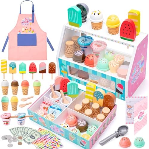 Meland Ice Cream Toy - Wooden Ice Cream Play Set with Aprons, Pretend Play Toys with Play Food, Wooden Play Store Toys for Toddlers, Kids Toys & Gift for Girls Boys Age 3 4 5 6 7 Years Old - Image 1
