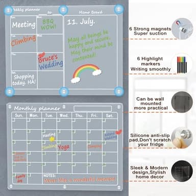 Magnetic Acrylic Calendar for Fridge,3 Pack 12"x16" Clear Fridge Calendar Dry Erase Planning Boards Set Includes 6 Colorful Highlight Markers,Magnetic Pen Holder and Erase Towel - Image 2