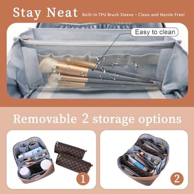 BOYATU Travel Makeup Bag Cosmetic Bags for Women: 3 Pcs Set Large Portable Make up Bag with Handle - Vegan Leather Toiletry Bags with Compartments - Makeup Organizer for Travel Essentials(A-1-Coffee) - Image 4