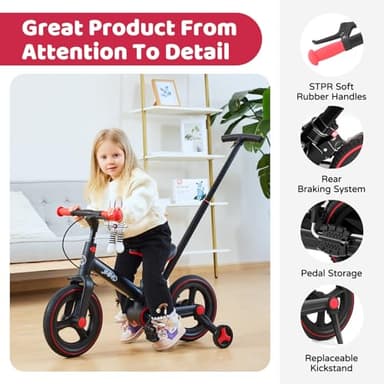 JMMD Toddler Bike with Push Handle for Kids 18-60 Months, 6 in 1 Foldable Push Bike with Training Wheels, Pedals, Brakes, Kickstand, Kid Balance Bike Gift & Toys for Boy & Girl, Black - Image 5
