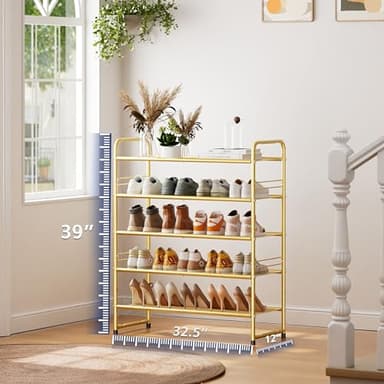SUFAUY 33" Wide Shoe Rack, 5-Tier Shoe Storage Rack for 24-30 Pairs of Shoes, Mesh Shoe Organizer for Entryway Closet, Steel Frame, Industrial, Gold - Image 3