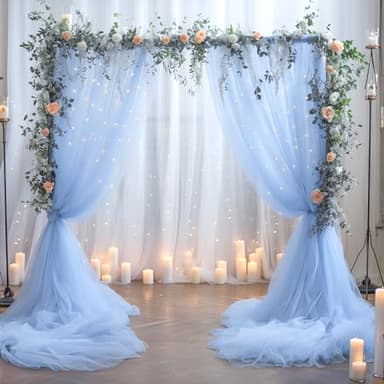 Baby Blue Sheer Tulle Backdrop Curtains with Lights String for Parites Baby Shower Decorations for Boy Bridal Shower Birthday Party Photo Shoot Background Wall Decorations 10×8ft(2 Panels 5×8ft) - Image 4