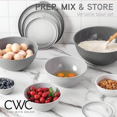 COOK WITH COLOR Mixing Bowls with Lids - 12 Piece Plastic Nesting Bowls Set includes 6 Prep Bowls and 6 Lids, Non Slip Bottom and Embossed Design - Microwave Safe (Grey) - Image 5