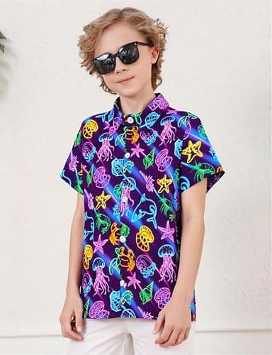 Enlifety Toddler Neon Shirts 3T 4T Boys Glow Party Jellyfish Starfish Turtle Seahorse Button Down Shirt Short Sleeve Ocean Dolphin Crab Blouse Summer School Casual Tops - Image 3