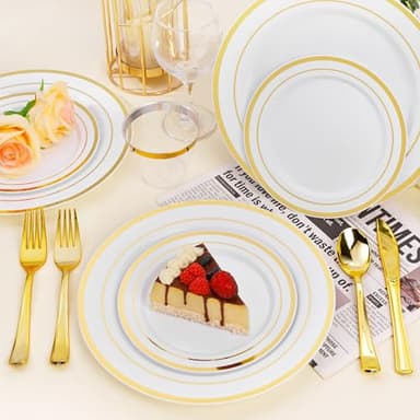 BESTSTAR 100PCS White Plastic Plates for Party, 10.25 Inch Disposable Plates with Gold Rim, Heavy Duty Dinner Plates for Christmas, Thanksgiving, Party, Wedding and Birthday - Image 5