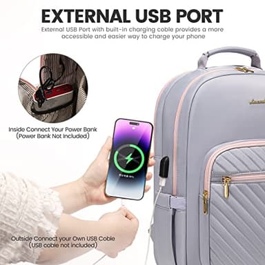 LOVEVOOK Laptop Backpack for Women 18.4 inch,Cute Womens Travel Backpack Purse,Professional Laptop Computer Bag,Waterproof Work Business College Teacher Bags Carry on Backpack with USB Port,Grey Pink - Image 6