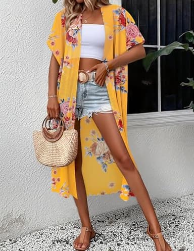 Kimonos for Women Casual Swimsuit Coverup Lightweight Boho Kimono Cardigans for Summer Floral Beach Bathing Suit Yellow Medium - Image 3