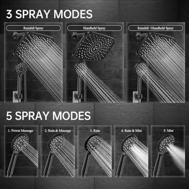 Veken 11.8 Inch Rain Shower Head with Handheld- High Pressure Dual Shower Heads with 5 Modes Handheld Spray Combo- Wide Rainfall Showerhead with Hose, Bathroom Accessories, Matte Black - Image 4