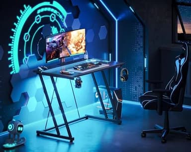MOTPK 32 Inch Small Gaming Desk with LED Lights & Power Outlet, Computer Desk for Small Space, Gaming Table with Carbon Fiber Texture, Kids Desk Gift for Boys Men, Black - Image 2