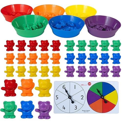 edxeducation Counting Bears with Matching Bowls | 60 Counters, 6 Bowls, 2 Spinners | Color Sorting Sensory Toys | Early Math Manipulatives - Image 1