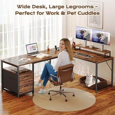 PRAISUN 63 Inch L Shaped Desk with Power Outlets and USB-C Port, Computer Corner Home Office Desk with File Fabric Drawers and Movable Monitor Stand, Larger Storage, Gaming, Writing, Rustic Brown - Image 7