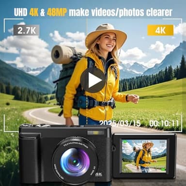 4K Digital Camera for Photography, UHD Autofocus 48MP 180° Flip Screen 16X Zoom Compact Point Shoot Vlogging Camera for YouTube with 2 Batteries, 32GB Card (Black) - Image 2