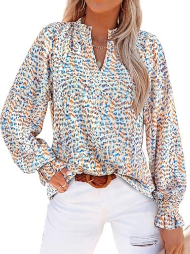 MASCOMODA Womens V Neck Floral Long Sleeve Tops 2025 Summer Casual Loose Puff Sleeve Chiffon Boho Work Blouse Dressy T Shirts(Floral Blue White,XX-Large) - Image 1