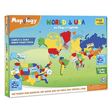 Imagimake Mapology USA & World Map Puzzle with Flags, Capitals, Stickers | Educational Toys for Ages 5-7 | Jigsaw Puzzles for Kids Ages 8-10 | Geography Toys for Ages 8-13 | 6 Year Old Boy/Girl Gifts - Image 4