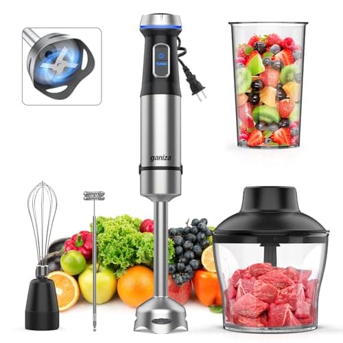 Ganiza Immersion Blender 5 in 1 Hand Blender Max 1000W Heavy Duty Motor, 16 Speed Mode Handheld Blender Stainless Steel Blade With 800ml Mixing Beaker, 600ml Chopper, Whisk and Milk Frother - Image 1