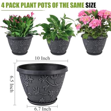 Nooulap 4 Pack 10 Inch Plant Pot for Outdoor Indoor, Plastic Flower Pots with Drainage Hole & Saucer, Lightweight Small Resin Flower Pot, Imitation Magnolia Planter Pots for Garden House（Gray） - Image 6