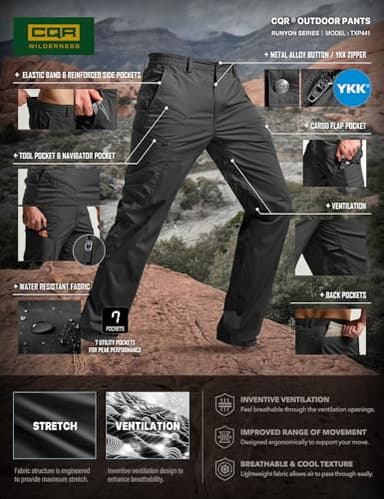 CQR Men's Quick Dry Tactical Pants, Water Resistant Outdoor Pants, Lightweight Stretch Cargo Work Hiking Pants, Runyon Cargo Pants Black, 40W x 30L - Image 7