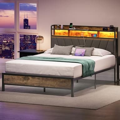 Welzona Queen Bed Frames with Headboard, LED Lights Queen Size Bed Frame with Charging Station, 2-Tier Storage Shelves, Heavy Duty Metal Slats, Noise Free, No Box Spring Needed, Easy Assembly, Brown - Image 6