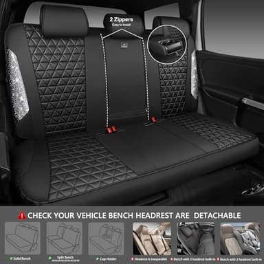 CAR PASS Bling Diamond Leather Car Seat Covers Full Seats Interior Sets, Waterproof Shining Glitter Sparkly Crystal Universal Armrest Fit Automotive Truck SUV Cute Women Girl, Black Silver Rhinestone - Image 5