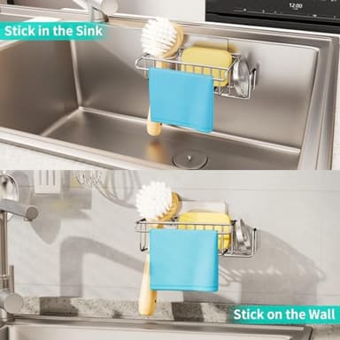 HapiRm 4 in 1 Sink Caddy Sponge Holder, SUS304 Stainless Steel Kitchen Brush Holder + Dish Cloth Hanger + Soap Rack + Sink Stopper Rack + Sponge Caddy for Kitchen - Silver - Image 7