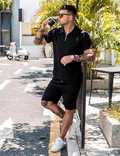 URRU Men's Polo Shirt and Shorts Set Summer Outfits Fashion Casual Short Sleeve Polo Suit for Men 2 Piece Short Set Black M - Image 6