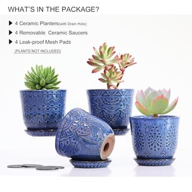 Gepege Succulent Pots, 4 Inch Small Indoor Ceramic Planter Pot with Drainage Holes and Saucers for Plants- Blue - Set of 4 - Image 3