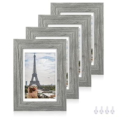 Hongkee 5x7 Picture Frame Set of 4, Made of Real Glass and Grey Wooden Frame, 5 by 7 Photo for Wall or Tabletop - Display Picture 4x6 with Mat or 5x7 Without Mat - Image 1