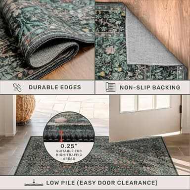 Washable Dark Green Rug for Living Room - 9x12 Large Area Rug for Dining Room Under Table, Bedroom, Soft Low Pile Non-Slip Stain Resistant Carpet - Vintage Floral Design (9x12 Dark Green) - Image 6
