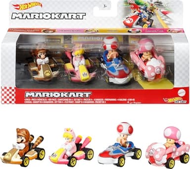 Hot Wheels Mario Kart 4-Pack, Collectible Set of 4 Toy Vehicles with Tanooki Mario, Cat Peach, Toad Sneeker & Toadette Birthday Girl - Image 1