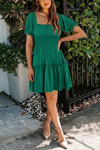 Heysolo Womens Square Neck Mini Dress Casual Short Sleeve Empire Waist Smocked Summer Babydoll Dresses - Image 4