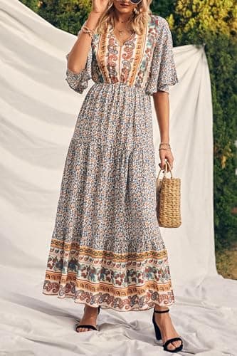 PRETTYGARDEN Women's Casual Summer Boho Floral Print Dress V Neck Short Sleeve High Waist Long Maxi Beach Dresses (White Floral,Large) - Image 6